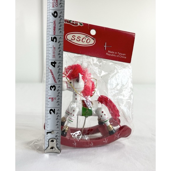 New Vintage 1980's SSCO Wood Rocking Horse Christmas Tree Ornament White & Red - Picture 4 of 5